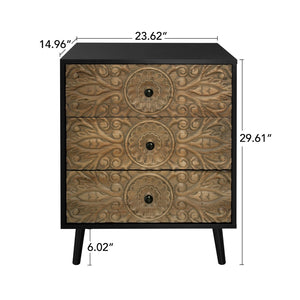English Elm 3 Drawer Solid Wood Cabinet Hand Carved Relief Fronts Pine Feet Bedroom Storage W688138033