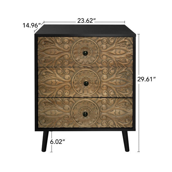 English Elm 3 Drawer Solid Wood Cabinet Hand Carved Relief Fronts Pine Feet Bedroom Storage W688138033