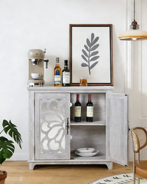 English Elm Elegant Mirrored Sideboard with Butterfly Carved Doors Wood Grain Finish Dining Storage Light Gray W2899P372740