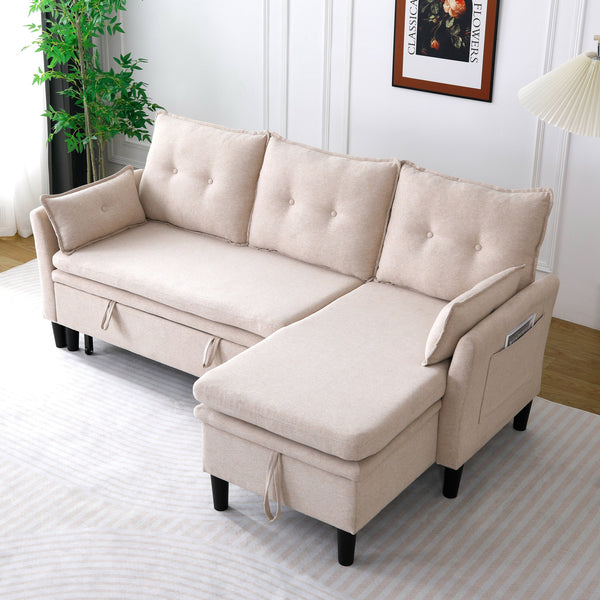 English Elm L-Shaped Reversible Chaise Sectional Sofa with Storage and Fold-Out Bed Cotton-Linen Modern Design Beige W3371S00024