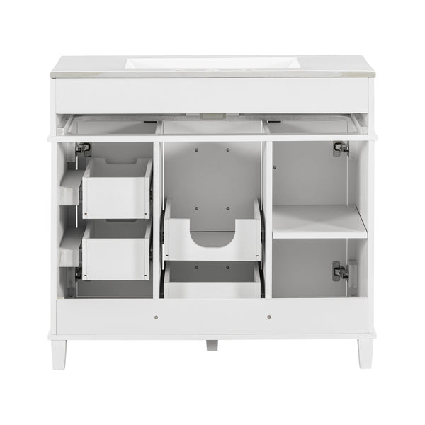 English Elm 36" White Bathroom Vanity Cabinet with Ceramic Sink, Gold Handles, Soft-Close Drawers & Adjustable Shelf N729P204177K