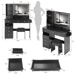 English Elm 41" Large Vanity Table Set With Cushioned Stool, Led Mirror, Power Station, And Stylish Design Features W936P230829