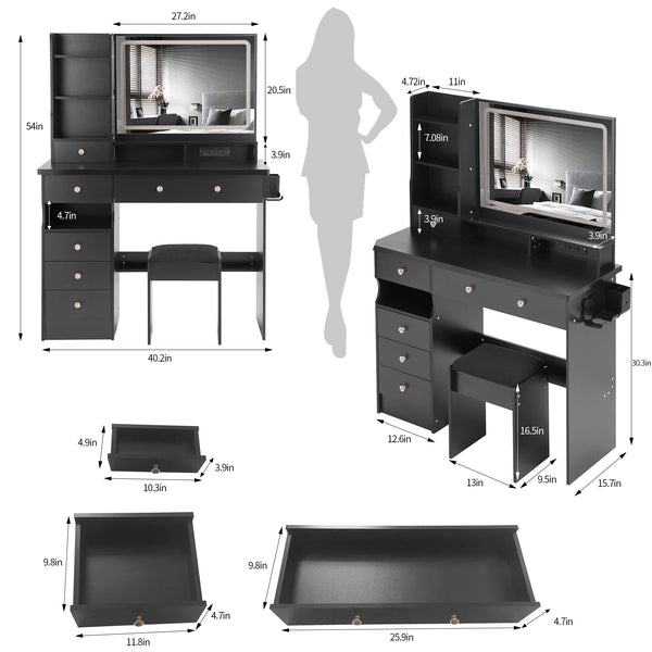 English Elm 41" Large Vanity Table Set With Cushioned Stool, Led Mirror, Power Station, And Stylish Design Features W936P230829