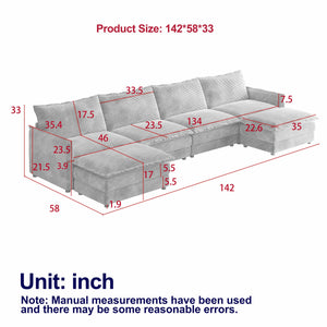 English Elm Corduroy 4-Seater U-Shaped Sectional Sofa With Movable Footrests - Plush, Custom Comfort For Living Rooms W834S00435