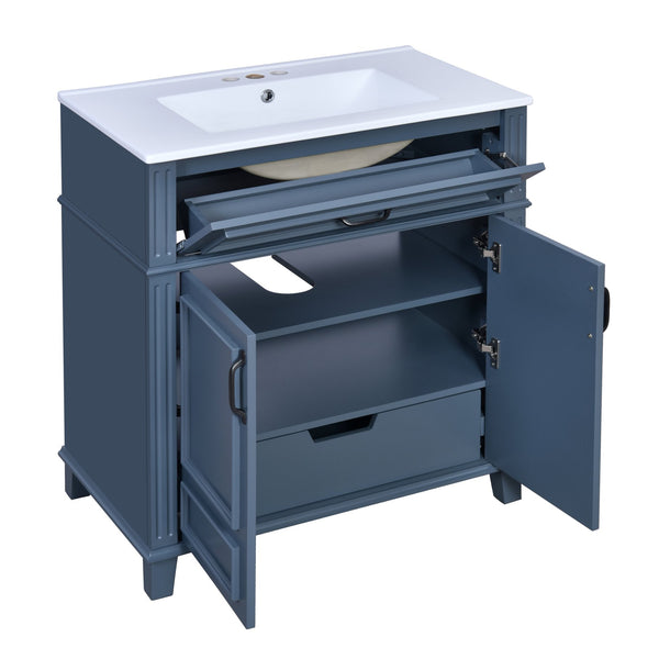 English Elm 30'' Retro Bathroom Vanity with Ceramic Sink, Solid Wood Frame, Soft-Close Doors & Ample Storage (Blue) N710P252113C