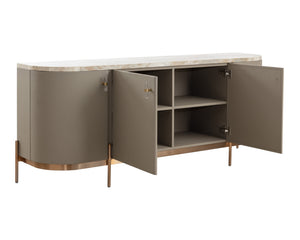 Sunpan Cataldi Sideboard - Modern Elegance With Cappuccino Marble Top & Taupe Faux Leather Wrap, Gold Base Taupe Marble ,Wood 111837