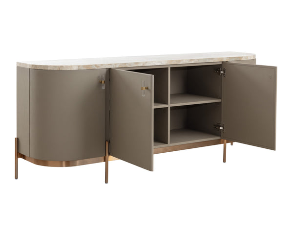 Sunpan Cataldi Sideboard - Modern Elegance With Cappuccino Marble Top & Taupe Faux Leather Wrap, Gold Base Taupe Marble ,Wood 111837
