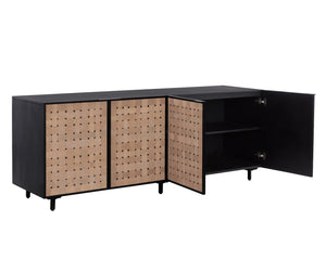 Sunpan Omari Sideboard - Stylish Suede Light Tan Leather with Unique Weaved Design and Matte Black Base Large - 80W x 22D x 30.5H