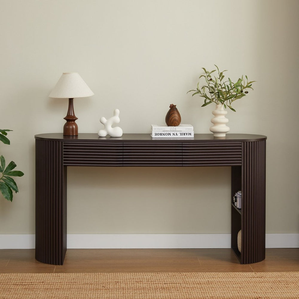 English Elm [video] Retro Fluted Console Table with 3 Drawers Open Niche Mid-century Entryway Espresso N759P283616D