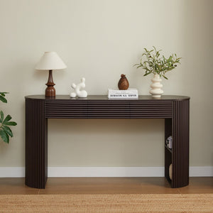 English Elm [video] Retro Fluted Console Table with 3 Drawers Open Niche Mid-century Entryway Espresso N759P283616D