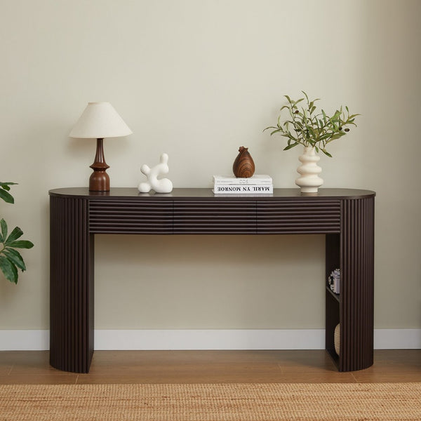 English Elm [video] Retro Fluted Console Table with 3 Drawers Open Niche Mid-century Entryway Espresso N759P283616D