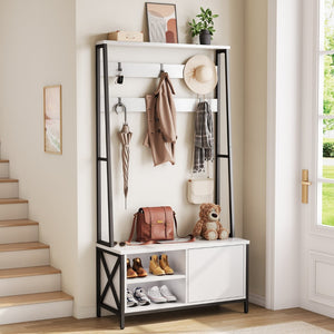 English Elm Hall Tree Entryway Organizer with Flip Shoe Cabinet Cushioned Bench and Industrial Wood Frame White+Black T5618P448214