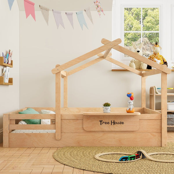 English Elm Twin Low Loft Bed Solid Pine Frame with Built-in Led Lighting and Storage Shelves Natural W1580P396333