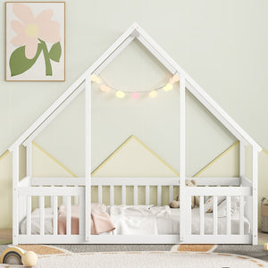 English Elm Twin Wood House-Shaped Floor Bed with Fence and Guardrails – Playful Pine Frame for Imaginative Kids Retreat White W504P143290