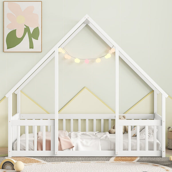 English Elm Twin Wood House-Shaped Floor Bed with Fence and Guardrails – Playful Pine Frame for Imaginative Kids Retreat White W504P143290