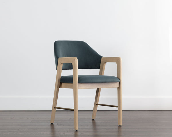 Sunpan Milton Dining Armchair - Chic Mid-Century Modern Design with Solid Rubberwood Frame & Brass Stretchers Light Wash / Meg Dusty Teal