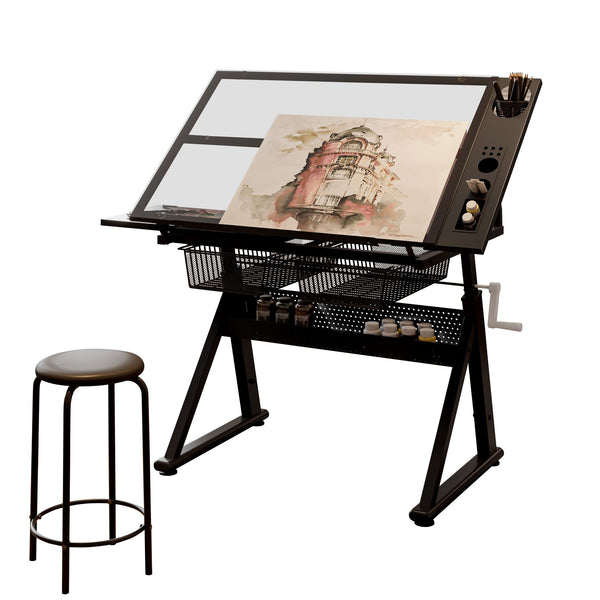 English Elm Hand tempered glass drafting table with hand crank lift, adjustable 0–70° tilt, drawers, stool, storage Black W347P369727