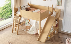 English Elm Twin Loft Bed Solid Pine Frame with Wardrobe Shelving Detachable Slide Kids Room Natural W5305S00022