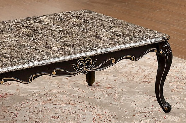 English Elm Transitional Ornate Marble-Top Coffee Table 48"W x 28"D Dark Walnut with Gold Accents & Cabriole Legs B2741P378467