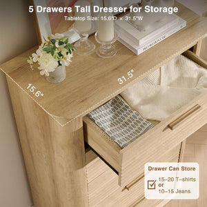 English Elm 6 Drawer Tall Fluted Chest with Waveform Fronts Slim Wooden Storage for Modern Bedroom Oak T5326P425094