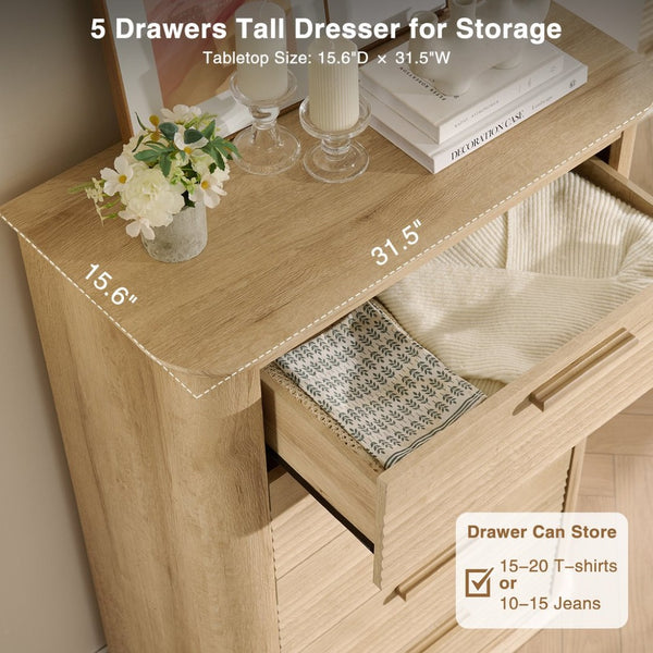 English Elm 6 Drawer Tall Fluted Chest with Waveform Fronts Slim Wooden Storage for Modern Bedroom Oak T5326P425094