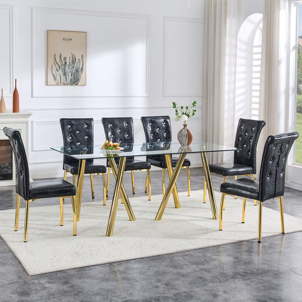 English Elm 71-inch Tempered Glass Dining Table Electroplated Metal Base Open Airy Modern Style Gold W3875S00006