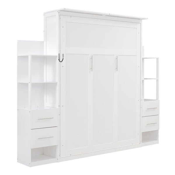 English Elm Queen Murphy Wall Bed with Led Lighting Open Shelves Drawers Space Saving Cabinet LP000566AAK-4