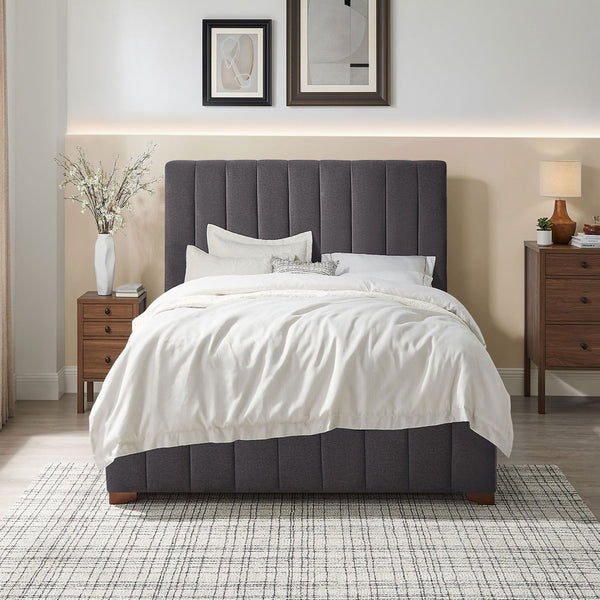 English Elm Full Queen Platform Bed Wingback Upholstered Frame Channel Tufted Fabric Headboard W2582S00059