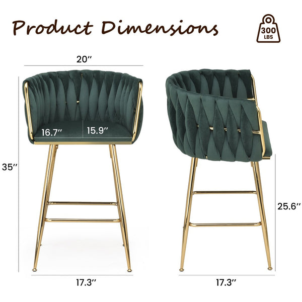 English Elm Counter Height Stools Set of 2 Mid-century Metal Legs Ergonomic Kitchen Island Seating Green T3623P430902