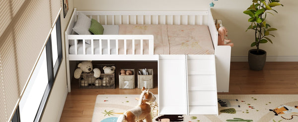 English Elm Twin Platform Kids Bed with Slide Ladder Guardrails Storage Shelf Wood Frame White N733S415411K