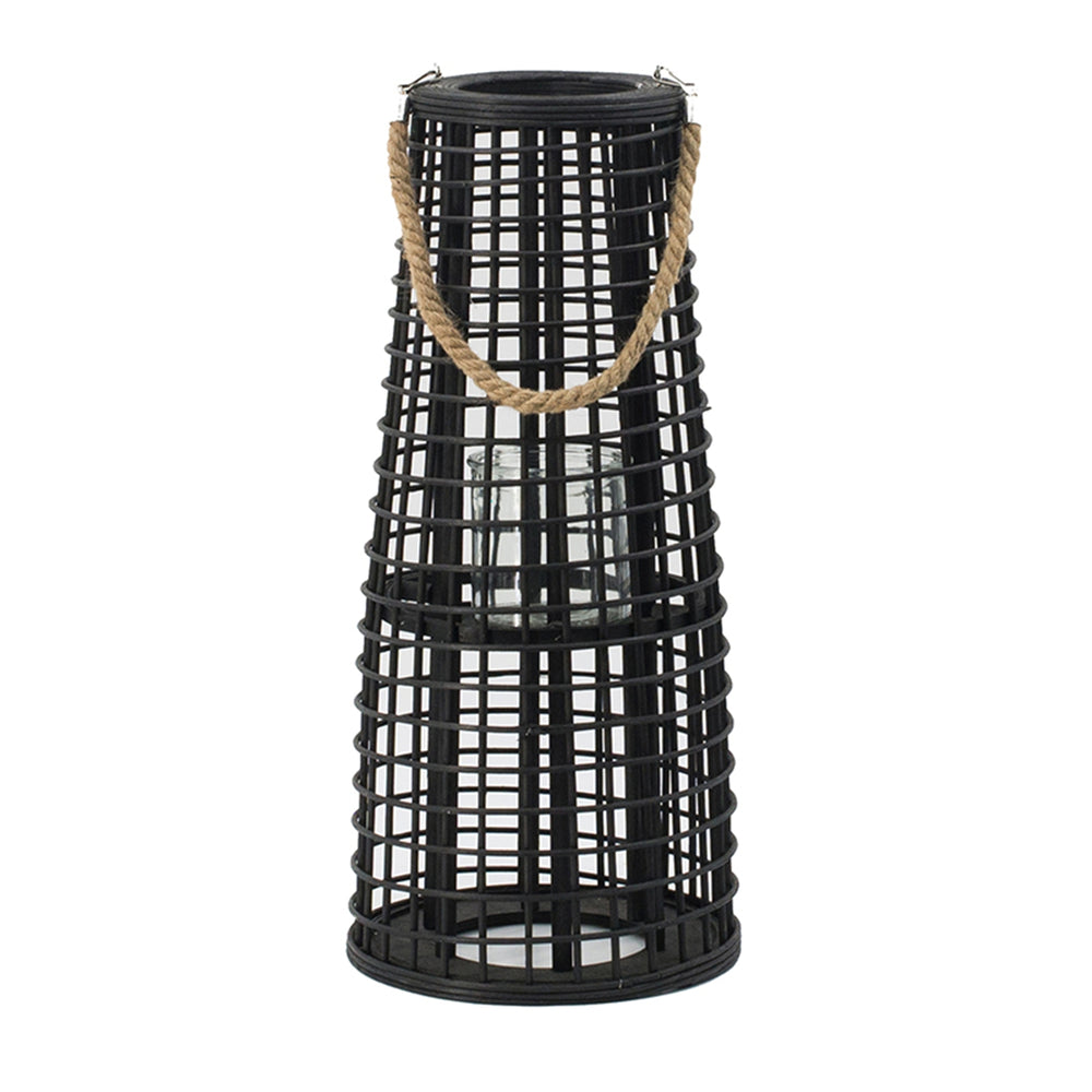 English Elm D9.5x21" Tapered Woven Rattan Hurricane Lantern with Glass Insert & Hemp Rope Handle, Black Accent W2078P370300
