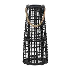 English Elm D9.5x21" Tapered Woven Rattan Hurricane Lantern with Glass Insert & Hemp Rope Handle, Black Accent W2078P370300