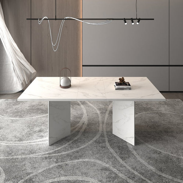 English Elm Extendable Faux Marble Dining Table with V-Legs — Sleek Expandable Conference & Kitchen Centerpiece for 6–10 White W1347S00015