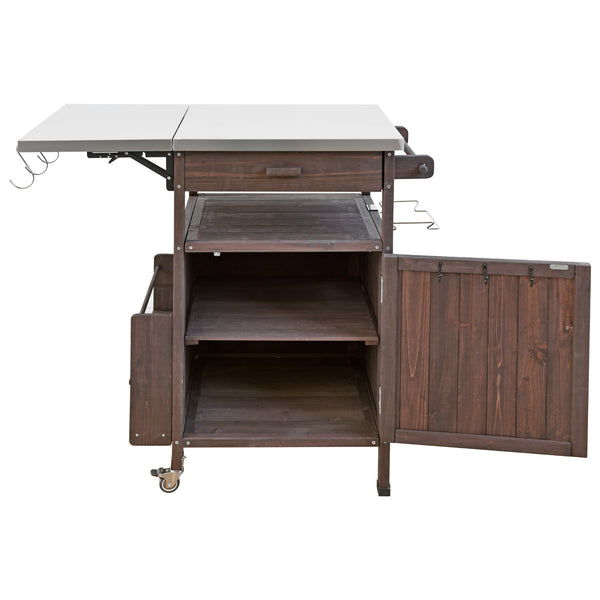 English Elm K&K 40.5" Outdoor Grill Cart with 201 Stainless Top, Solid Fir Storage, Drop Leaf & Lockable Wheels Brown N707P228272Z