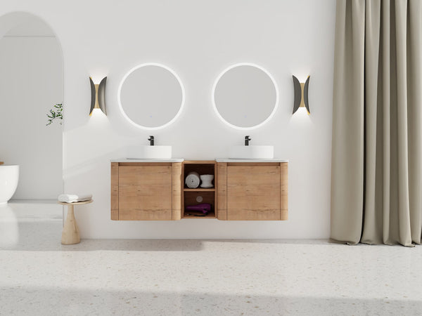 English Elm 60'' Wall-Mounted Bathroom Vanity With Ceramic Art Sink, Soft-Close Door & Stylish Storage Solutions W999S00410