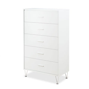 English Elm Deoss Five-Drawer White Finish Chest with Chrome Legs, Smooth Glide Ball Bearings & Safety Stop, Modern Storage B2726P256276