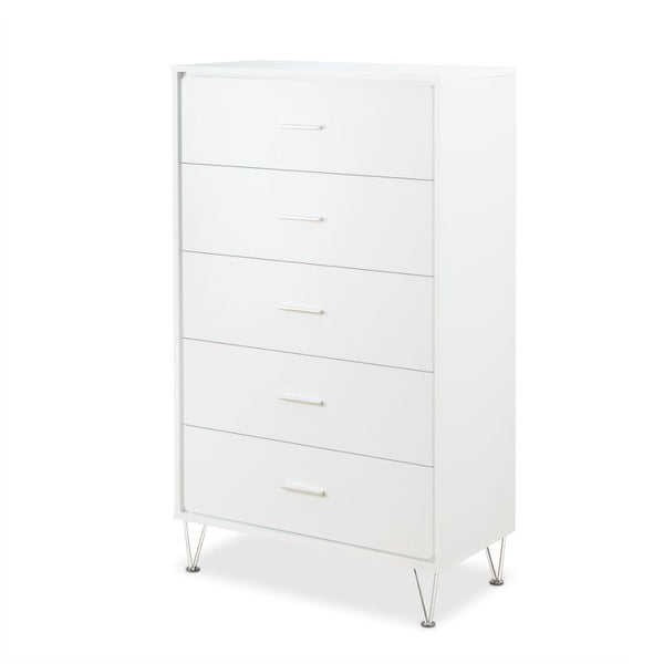 English Elm Deoss Five-Drawer White Finish Chest with Chrome Legs, Smooth Glide Ball Bearings & Safety Stop, Modern Storage B2726P256276