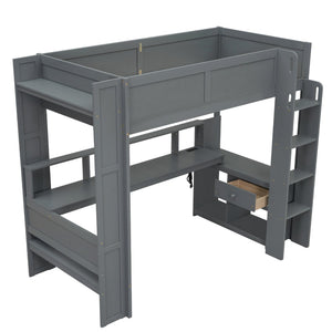 English Elm Wood Twin Loft Bed with Desk Led Lighting Charging Ports and Multi-zone Storage SM000373AAE