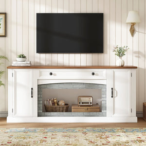 English Elm Elegant Walnut Media Console with Gray Brick Base Open Bay and Adjustable Shelving White N721P394506K