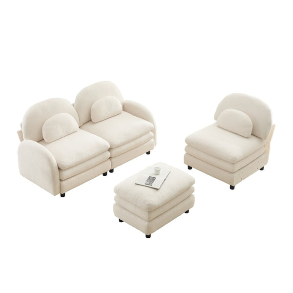 English Elm Teddy Fleece Modular Cloud Sofa Plush Curved Sectional with Ottoman for Living Room Beige White W5656S00082