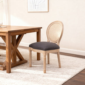 English Elm Dining Chairs Set of 2 Grey French Country Rattan Upholstered Round Back Solid Wood Legs, Cozy Classic Elegance for Dining Room, Kitchen, Living (Grey) W3426P397368