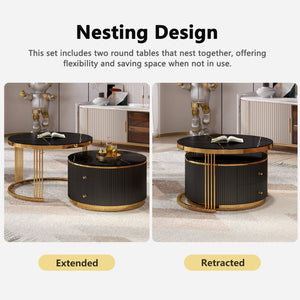 English Elm Modern Round Nesting Coffee Table Set with Gold Pedestal Legs and Storage Drawers Black N735P349323B