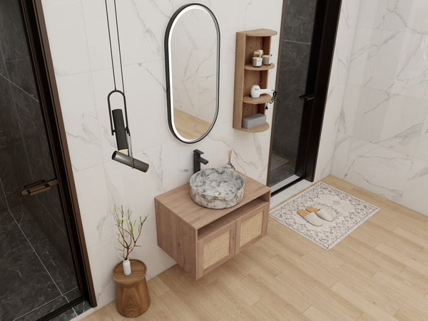 English Elm 30" Floating Bathroom Vanity Oak Finish Ceramic Vessel Sink Soft Close Plywood Cabinet W999S00503