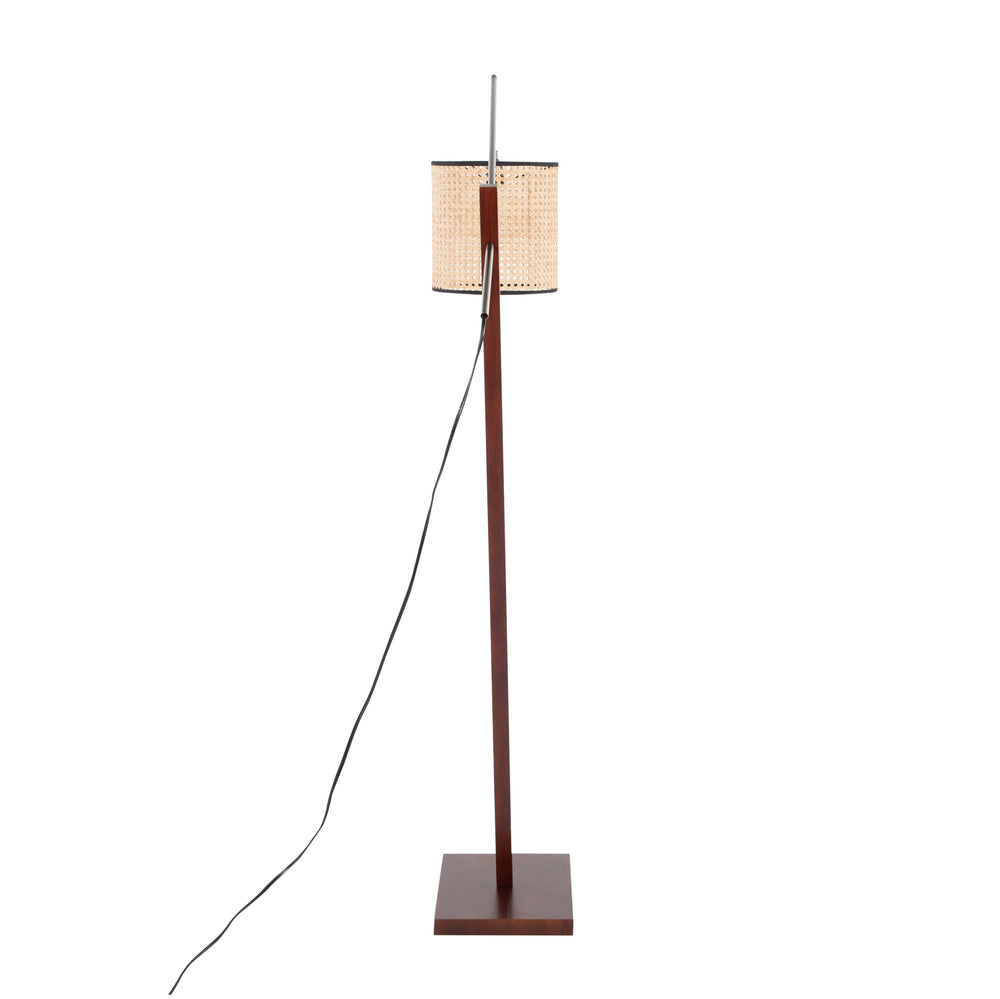 English Elm Arturo Contemporary Floor Lamp - Walnut Wood & Satin Nickel With Woven Rattan Shade For Cozy Spaces B202S01388