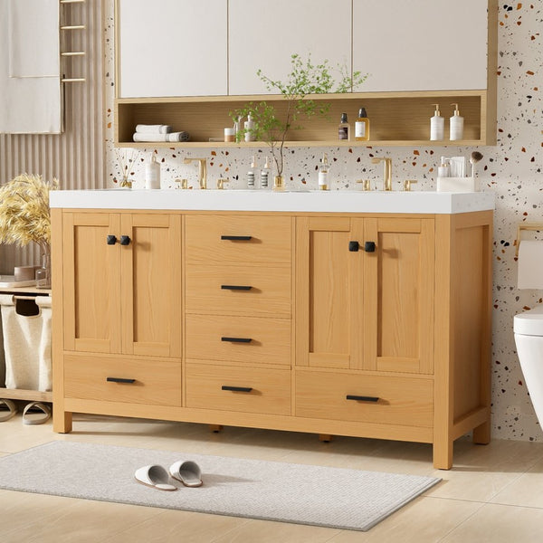 English Elm [video]59.3 Inch Wall Mounted Double Sink Vanity Wood Grain Mdf Soft Close Storage N729P000013O