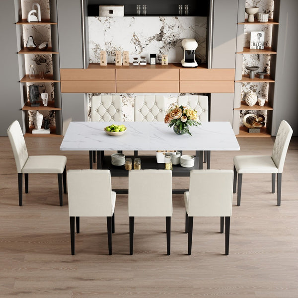 English Elm Table And Chair Set - Modern White Grain Dining Table With Built-In Storage & 8 Ergonomic Pu Chairs W1151S04271-GIGA