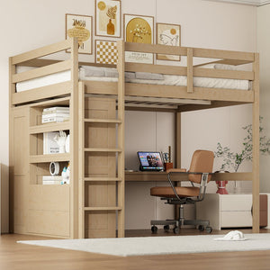 English Elm Wood Full Size Loft Bed with Built-In Desk, Wardrobe, Shelves & Drawers for Space-Saving Rooms Walnut GX000466AAD