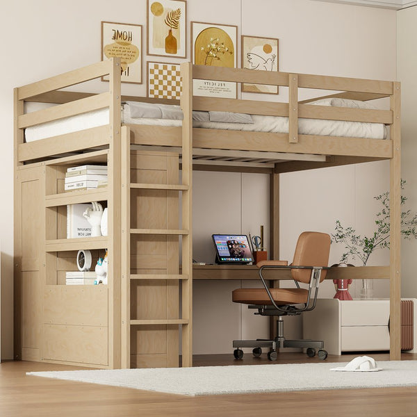 English Elm Wood Full Size Loft Bed with Built-In Desk, Wardrobe, Shelves & Drawers for Space-Saving Rooms Walnut GX000466AAD