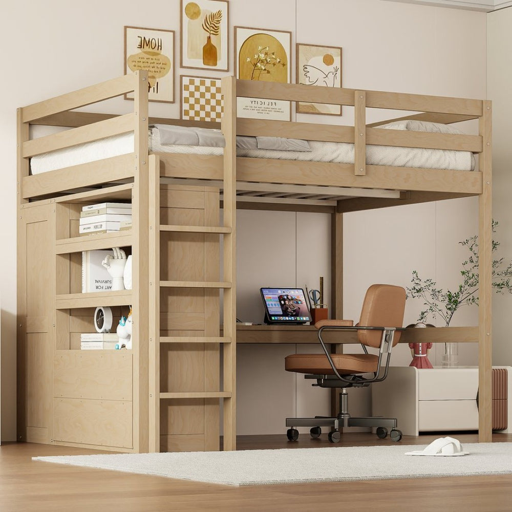 English Elm Wood Full Loft Bed with Integrated Wardrobe Desk Shelving and Drawers for Teen Rooms Walnut GX000466AAD-1