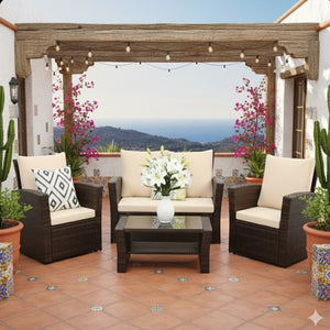 English Elm 4-piece Outdoor Wicker Conversation Set with Tempered Glass Table and Resort Style Brown B082S00060